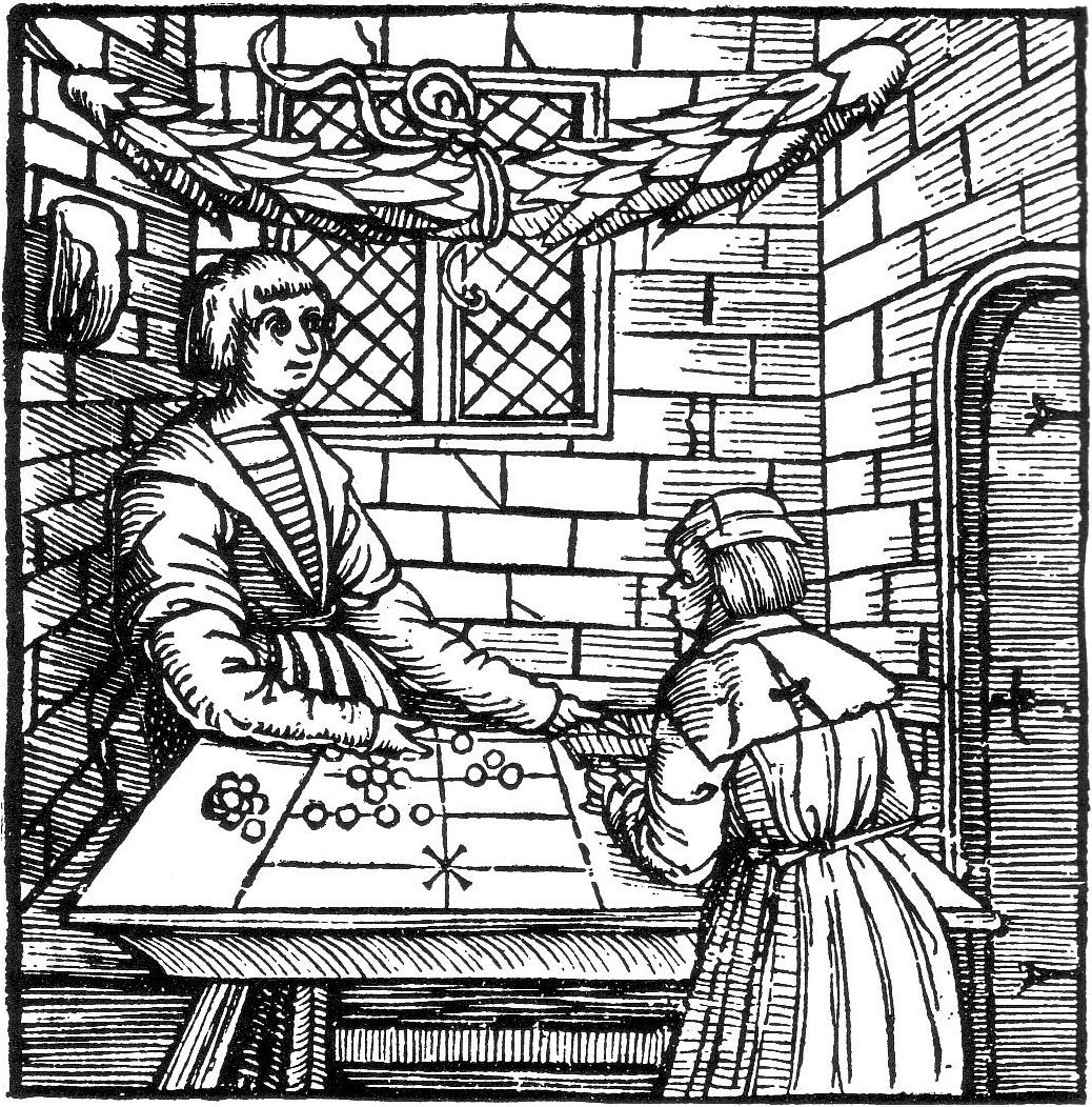 Ancient counting board with pebbles on lines